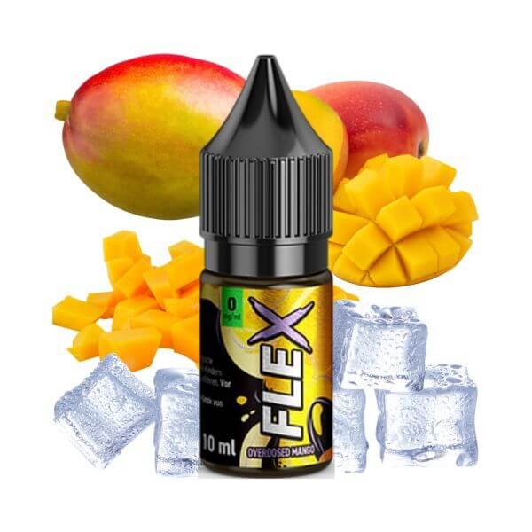 Revoltage Flex Overdosed Mango Liquid 10ml with mango slices and ice cubes on a bright background.